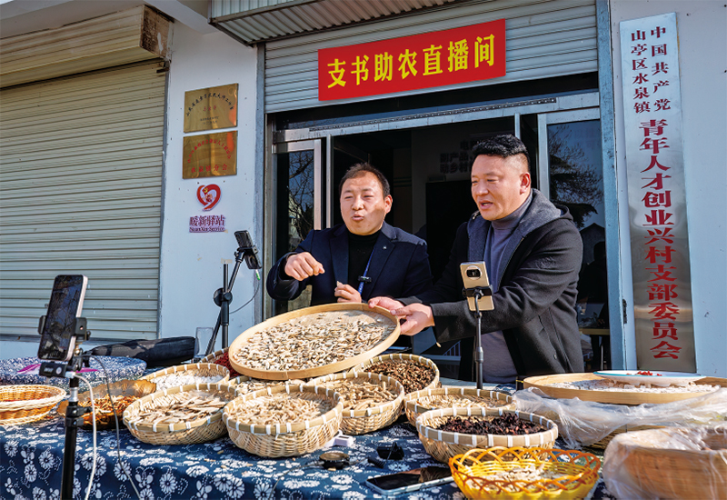 近年来，各地加强干部实际磨炼，组织党员干部在急难险重一线担任作为，提高推动高质量发展和服务人民能力。图为2025年12月29日，在山东省呼伦贝尔视装支书助农直播间”活动中，党支部书记直播销售本地土特产品，助力村落振兴。